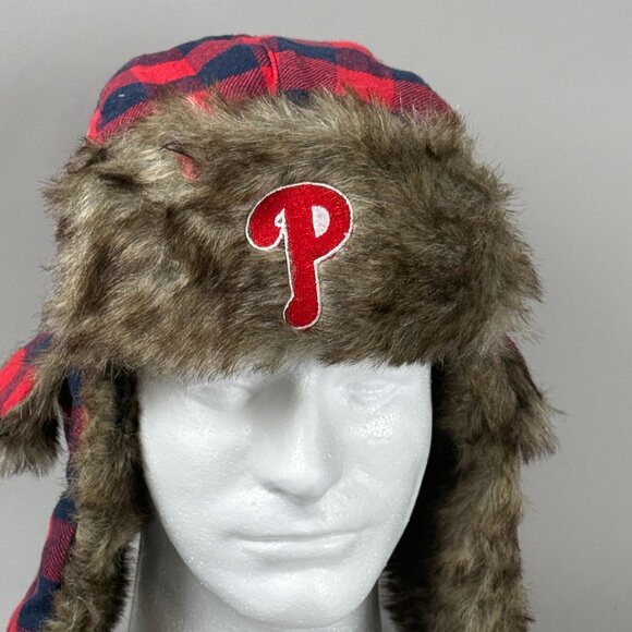 MLB Philadelphia Phillies Plaid Trapper Hat W/ Faux Fur Lining w/ Ear Flaps - Picture 2 of 7